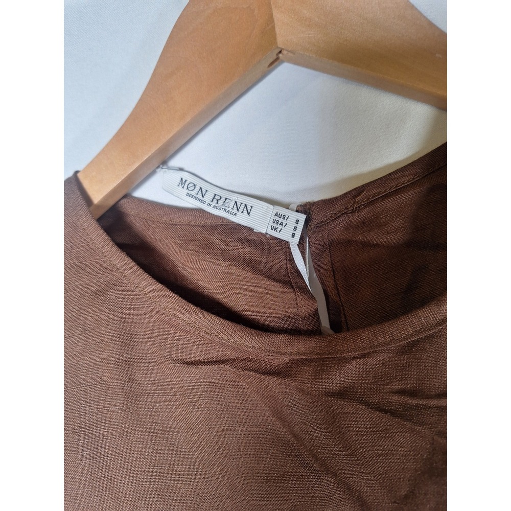 Mon Renn Fresco Embroidered Top Brown Linen Blend Scalloped Crop Tank Size 8 NEW - Picture 2 of 4